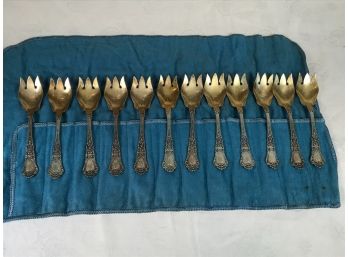 Gorham Baronial Old Sterling Silver Flatware - 12 Ice Cream Forks - Gold Washed - 7.9 Troy Ounces - Very Nice