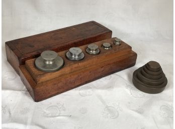 Two Beautiful Sets Of Antique Scale Weights - One Set Retains Original Box - Largest Is One Pound