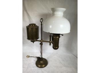 Early Brass Student Lamp By MILLER Original Milk Glass Shade - Converted To Electric - From Oil