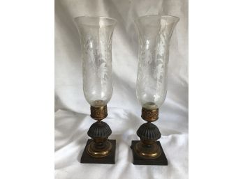 Wonderful Pair Antique Bronze Hurricane Lights - Converted To Electric - Lovely Etched Tall Shades - VERY NICE