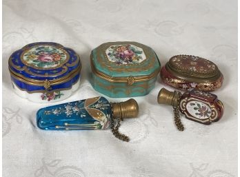Fabulous Group Of Antique French Snuff / Trinket Boxes & Scent Bottles - Hand Painted Enameling & Decoration