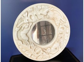 Vintage Off White Round Carved Bunny Rabbit Mirror (Heavy) 21.75-inch Wide