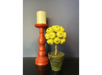 Tall Red Candle Holder And Artificial Green Apple Topiary