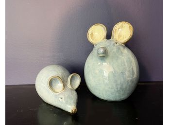 Pair Of Decorative Ceramic Glazed Blue Mice