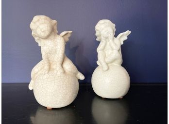 Pair Of Crackled Ceramic Angel Figurines
