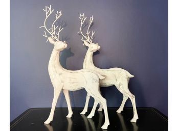 Pair Of Decorative White Wooden Reindeers