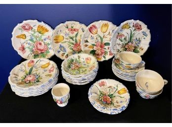 Vintage Nove Italian Scalloped Faience Ceramic Floral Set