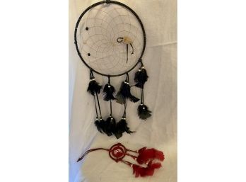 Pair Of Dreamcatchers One Black Feathers And One Vibrant Red Feathers With Signature