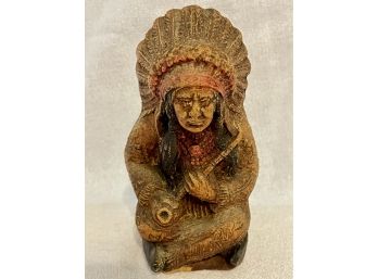 Vintage Carving Of Native American With Peace Pipe And Full Headress