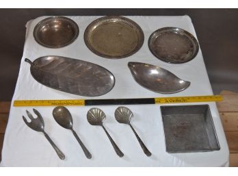 Two (2) Sterling Silver (528.4 Grams) Bowls And Silver Plated And Metal Serving Trays And Utensils