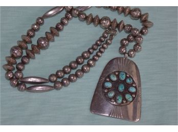 Silver Beads Necklace With Silver And Turquoise Pendent Signed 'Anson Joe' Weighs: 75 Grams