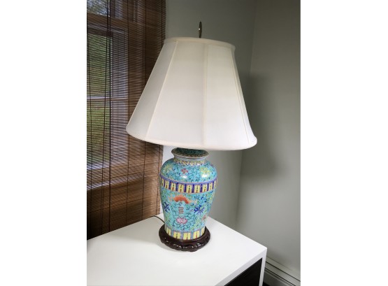 Lovely Asian Vintage Style Ginger Jar / Urn Lamp With Carved Wooden Base & Beautiful Shade - Paid $775
