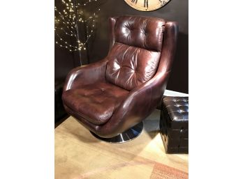 Beautiful MCM / Modern Style Leather Swivel Chair With Chrome Base - Paid $3,850 - GREAT LOOK ! - 2 OF 2