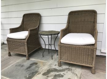 Two Fabulous POTTERY BARN Wicker Chairs With Cushions Paid $239 EACH - Plus Bonus Iron / Brass Table