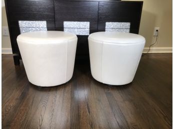 Pair Of Round Leather Ottomans / Stools - Slightly Tapered - Nice Pair - DECORATOR Pieces SUPER CLEAN PAIR !
