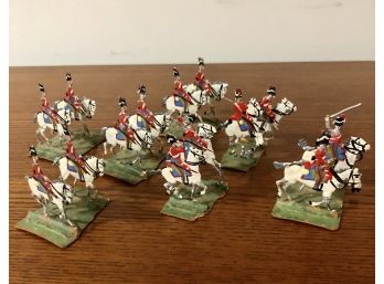 Vintage Flat Pewter Military Figures - 7 Pieces With A Pair Of British Infantry Soldiers On Horseback With