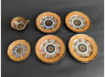 Antique Japanese Tea Cup & Plates:  RS Kutani '1000 Faces Row Of Robes'