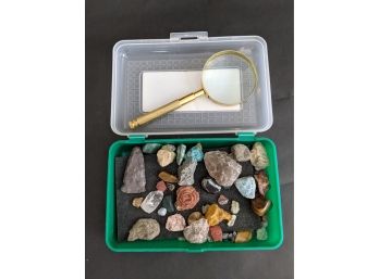 Collection Of Rocks, Crystals, Arrowhead & Magnifying Glass