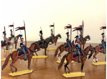 Vintage Flat Pewter Military Figures - 9 Infantry Soldiers On Horseback. Napoleonic Wars
