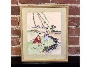 Vintage Japanese Embroidery Framed Picture Of Two Children