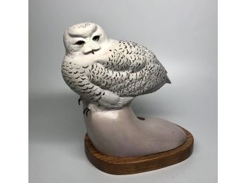 Snowy Owl Statue Mounted On Wooden Base
