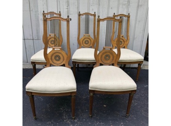 5 Lyre Back Dining Chairs - Vintage With Brass Details