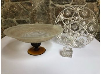 Glass Footed Display Bowl,  Cut Glass Platter And Candle Holder