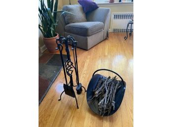 Wrought Iron Fireplace Tool Set And Kindling Metal Basket - 'B'