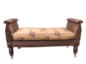 Antique Carved Wood Bench With Botanical Upholstery
