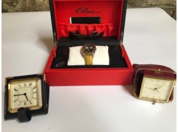 Time Flies - 3 Time Pieces - Retro Travel Clocks And Elini Watch