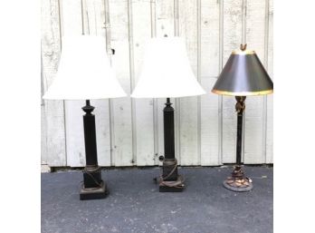 Trio Of Bronze Lamps - 2 Matching - Classical Columns And Icanthus Leaves