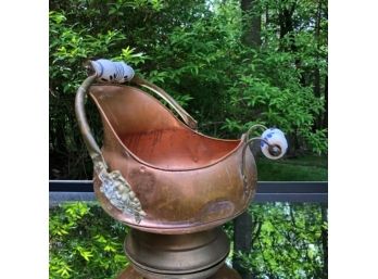 Copper Coal Scuttle With Delft Handles And Brass Details