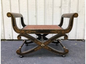 Black Lacquer Regency  Style X Bench With Cane Seat