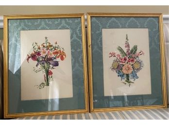A Pair Of Botanical Prints Nicely Framed With Damask Mat 'B'