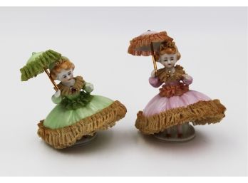 Vintage Dresden Style Porcelain Pink And Green Parasol Lady Figurines