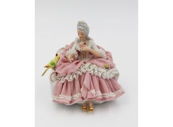 Vintage Dresden Porcelain Lace Lady Seated With Parrot