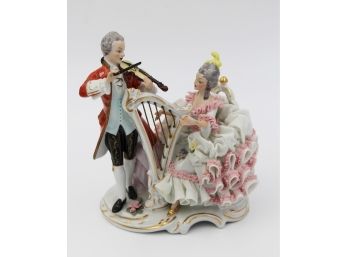 Dresden Lace Porcelain Figural Group  Lady W Harp & Gentleman