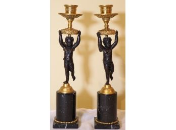 Pair Of Dore Bronze Cherub Candlesticks W/Brass Mounts On Marble Plinth