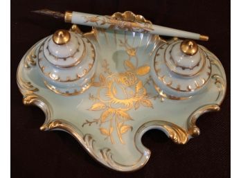 European Porcelain Inkwell With Pen
