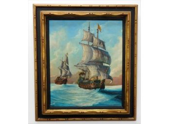 John Kacgeris Vintage 1971 Mast Pirate Ships Oil Painting