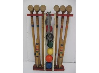 Vintage Wooden 6 Player Croquet Set With Stand - COMPLETE