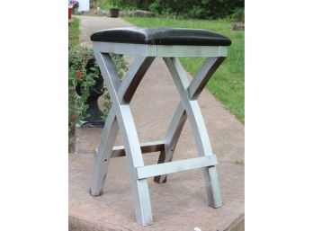 Repainted Silver Wood Work Stool With Leather Seat
