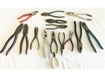 Huge Lot Of Fifteen Pliers With Needle Nose, Adjustable, Electrical, Etc.