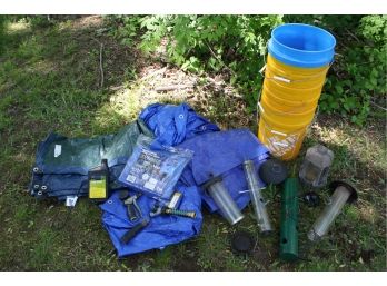 Mixed Lot Of Outdoor Items With Tarps, Five Gallon Buckets, Bird Feeders And More