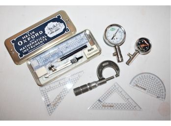 Mixed Lot With The Helix Oxford Set Of Mathematical Instruments In Tin, Micrometer & Two Gauges