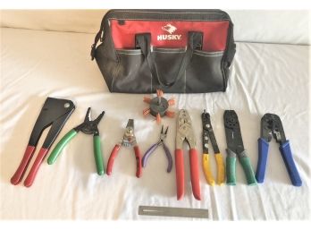 Husky Tool Bag Filled With Wire Strippers And Cutters, Pliers, Riveter & More
