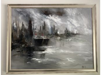Large Oil On Canvas Of A Harbor Scene