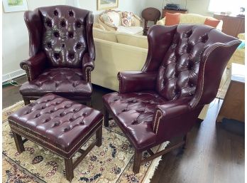 Pair Of Faux Leather Wing Chairs With Matching Ottoman