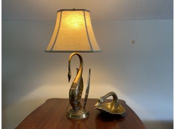 Brass Swan Form Table Lamp With Brass Dish
