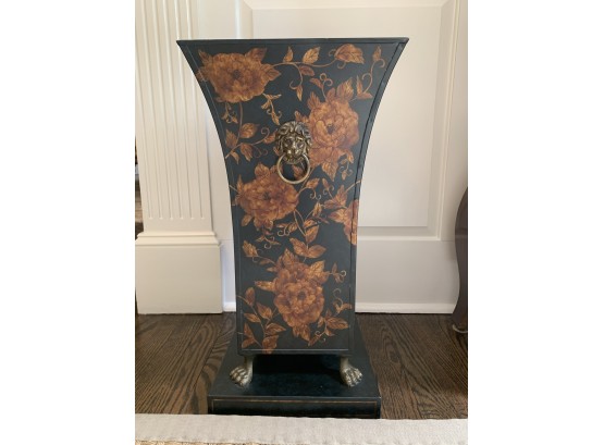 Metal Umbrella Stand:  Black With Copper Roses Vining And Brass Lions Heads